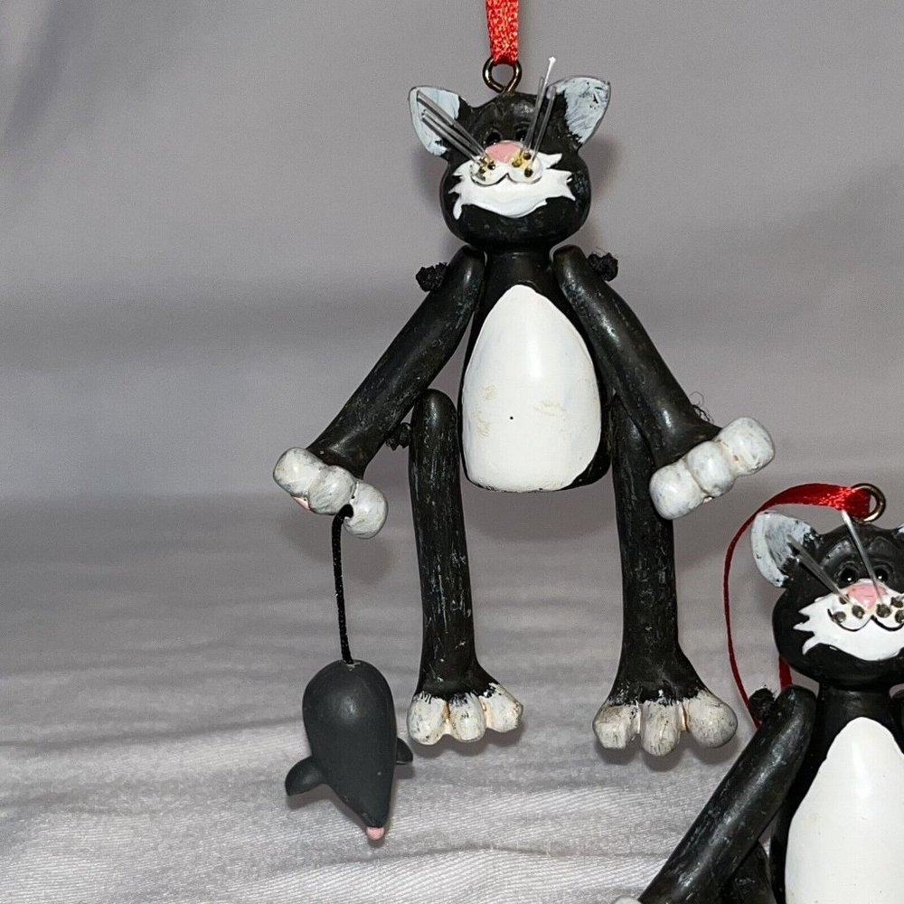 cat ornaments grey sitter dangle legs heart with mouse Set of 2 Approx 4 Inches - Picture 2 of 12